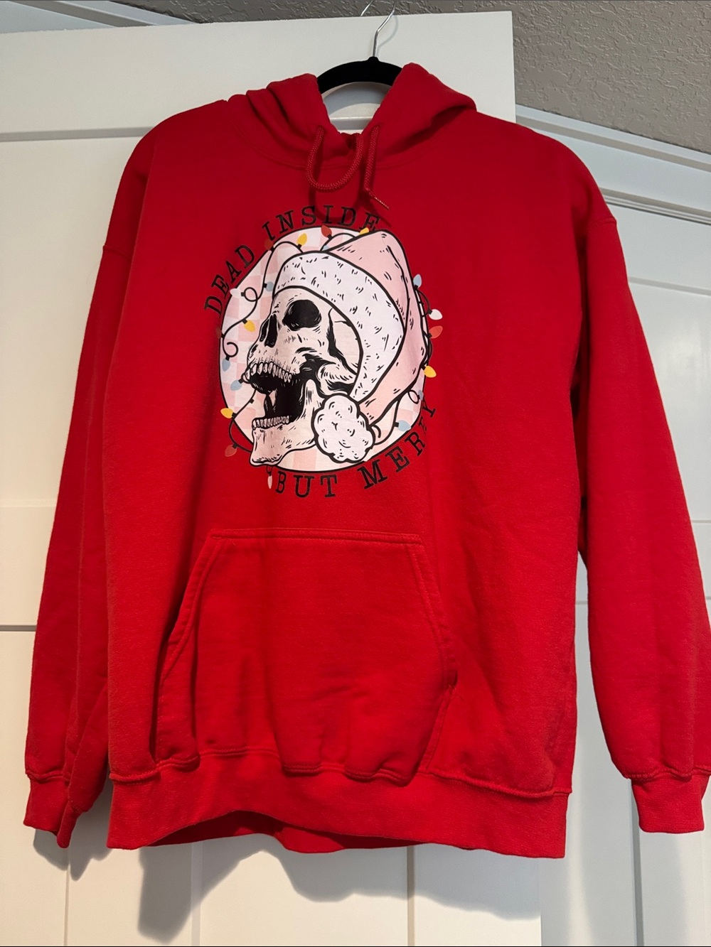 Gildan Red Hoodie with Skull Santa Graphic